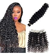Tape in Hair Extensions Human Hair, Natural Black Hair Extensions Real Human Hair Curly Wave Tape...