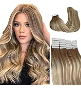 Remy Human Hair Extensions Tape in Balayage Ash Brown Highlights Honey Blonde Tape in Hair Extens...