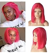 Bob Wigs Hot Pink 8Inch Straight Human Hair 13x4 Lace Front Wig Pre Plucked with Baby Hair for Bl...