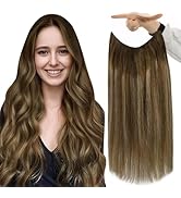 Fshine Invisible Wire Hair Extensions Real Human Hair Brown Balayage Caramel Blonde Mix Medium Br...