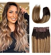 Human Hair Extensions Ombre Dark Brown to Light Brown with Ash/Beige Blonde Highlights Remy Hair ...