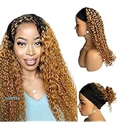 Headband Wigs Human Hair None Lace Front Wigs Deep Curly Ombre Blonde Human Wigs with Headband At...