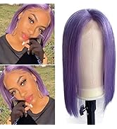 Lavender Bob Wig Human Hair, 13x1x5 T-Part Lace Front Wigs Human Hair Pre Plucked Glueless Wigs f...