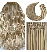 LacerHair Clip in Hair Extensions Real Human Hair Light Brown Mixed Platinum Blonde Seamless Huma...