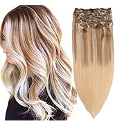 Clip in Human Hair Extensions Golden Brown to Blonde Highlighted Clip in Real Hair Extensions Dou...
