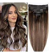 Pobokix Straight Clip In Hair Extensions Real Human Hair 8Pcs Clip In Balayage Chocolate Brown to...