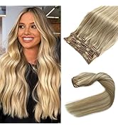 Clip in Hair Extensions Real Human Hair, Ash Blonde Balayage Blonde Highlights Hair Extension Rea...