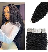 Valiilo Curly Tape in Hair Extensions,Natural Black Real Human Hair Extensions 20 Pieces Human Ha...