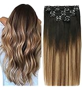 VINBAO Clip in Human Hair Extensions, 14 Inch 100g 6pcs Natural Black Ombre Brown Bleach Blonde B...