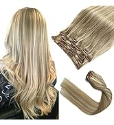 Clip in Hair Extensions Human Hair Clip in Extensions, Dirty Blonde Balayage Blonde Highlights Re...