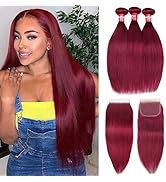Haha 99J Burgundy Straight Bundles with Closure Human Hair Wine Red Bundles With 4x4 Lace Closure...