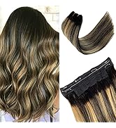 Human Hair Extensions Invisible Real Hair, Ombre Black to Blonde Highlights Balayage Invisible Wi...