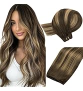 MAXITA Weft Hair Extensions Human Hair Chocolate Brown Mixed Caramel Blonde Balayage 16 Inch Hair...