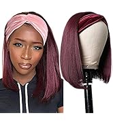 Straight Colored Headband Bob Human Hair Wig for Black Women, Ombre Black Roots to Burgundy 99J H...