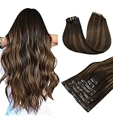 Clip in Hair Extensions Real Human Hair, 110g 7pcs Balayage Dark Brown Mixed Chestnut Brown 16 In...