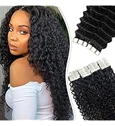 Kinky Curly Tape in Human Hair Extensions Natural Black Invisible Seamless Glue in Remy Hair Exte...