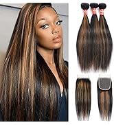 Haha Brown Highlight Bundles with 4x4 Closure Brazilian Human Hair Ombre Bundles with Closure Str...