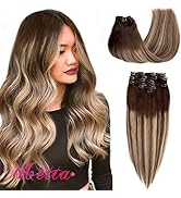 Human Hair Extensions Ubetta Clip in Hair Brown to Chocolate Brown with Honey Blonde Highlights R...