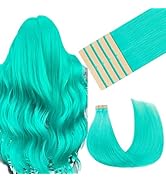 MAXITA Tape in Hair Extensions Human Hair Teal Green Tape in Extensions, 10pcs 25g 16 Inch Remy I...