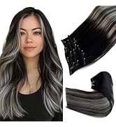 Clip in Hair Extensions Real Human Hair, Ombre Black Balayage Silver Highlights Hair Extension Re...