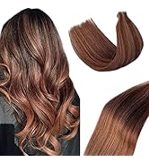 Tape in Hair Extensions Human Hair,Chocolate Brown Balayage Auburn Brown Highlights Hair Extensio...
