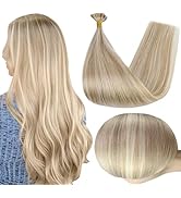 Full Shine U Tip Hair Extensions Real Hair Extensions Blonde Highlighted Natural Hair 18inch Kera...