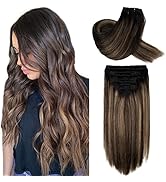 Real Hair Extensions Clip in Human Hair Balayage Natural Black to Caramel Brown Ombre Remy Wire H...