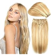 Human Hair Clip in Extensions Dark Blonde Highlighted Bleach Blond Full Head Silky Straight Clip ...