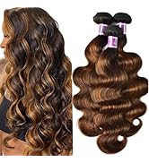 UNICE Brown Highlight Body Wave Human Hair Weave 3 Bundles 16 18 20 inch, Brazilian Remy Ombre Bl...