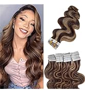 Valiilo Tape in Hair Extensions Body Wave Human Hair Extensions Tape ins Brown Mix Blonde Wavy Vi...