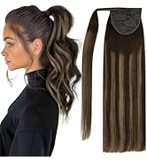 Full Shine Ponytail Extensions Real Hair Wrap Around Ponytail Human Hair Balayage Darkest Brown O...