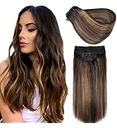 Hair Extensions Real Human Hair Balayage Natural Black Mixed Chestnut Brown Ombre Hair Extensions...