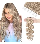 Hairro Tape in Human Hair Extensions Body Wave 14 Inch Sandy Beige Mix Light Blonde Highlight Bal...