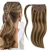 Lacerhair Human Hair Ponytail 14 Inch Thick Dark Brown with Light Brown Highlight Pony Tails Exte...