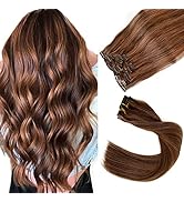 Remy Human Hair Clip in Extensions, Chocolate Brown Mixed Auburn Hair Extensions Clip in Real Hum...