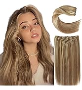 Clip in Human Hair Extensions Real Hair Extensions Straight Chestnut Brown Mixed Bleach Blonde Re...