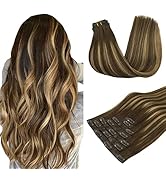 MAXITA Hair Extensions Clip in Human Hair, 7pcs 130g Balayage Chocolate Brown to Caramel Blonde 1...