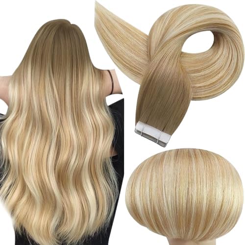 Full Shine Ombre Blonde Tape in Hair Extensions Human Hair 6/27/60 Brown to Honey Blonde 16Inch Tape in Extensions Balayage Invisible Seamless Human Hair Extensions 50Gram 20pcs for Wedding