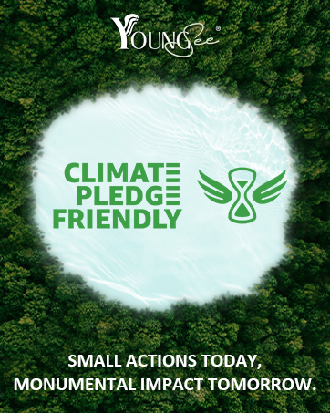 Environmental campaign poster with 'Climate Pledge Friendly' text and wing icon surrounded by green foliage border, featuring Young brand logo.