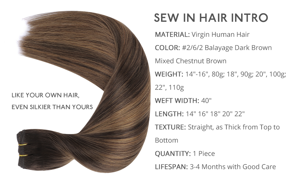 sew in hair intro color: #2/6/2 Balayage Dark Brown to Chestnut Brown