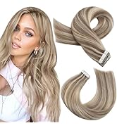 Moresoo Tape in Hair Extensions Human Hair Blonde Highlighted Tape in Extensions Light Brown Mixe...