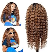 Ubetta Ombre Lace Front Human Hair Wig Black to Auburn Brown Colored Deep Curly Wig for Black Wom...