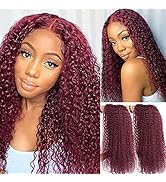 Burgundy Lace Front Wigs Human Hair Curly Water Wave for Black Women, 13x5x1 T-Part Lace Frontal ...