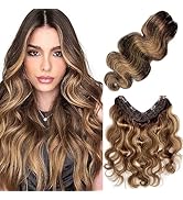 Ubetta Clip in Hair Extensions, 20 Inch Ombre Brown Balayage Caramel Blonde, Body Wave, Clip in, ...