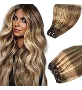 Sew In Real Human Hair Weft Extensions, 14 Inch 80G Ombre Brown Balayage Blonde Highlights, Human...