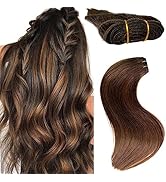 Real Human Hair Sew in Extensions - 18 Inch 100G Dark Brown Balayage Light Brown Hand Tied Weft H...