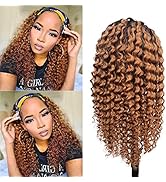 Headband Wigs Deep Curly Human Hair for Women Natural Hair to Auburn Ombre Glueless None Lace Fro...
