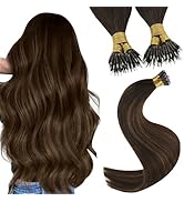 Dark brown hair extensions shown in multiple forms: loose wavy hair, bundled strands with gold-colored tips, and individual nano-ring attachments. Demonstrates length and color variety of hair pieces.