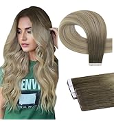 Full Shine Injection Tape in Hair Extensions Human Hair Medium Brown Fading to Ash Brown and Plat...