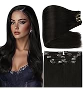 Full Shine Clip in Hair Extensions Human Hair Black 24 Inch Clip in Extensions Real Human Hair fo...